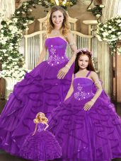 Sleeveless Tulle Floor Length Lace Up Quince Ball Gowns in Purple with Beading and Ruffles