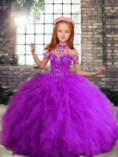 Purple Lace Up Kids Formal Wear Beading and Ruffles Sleeveless Floor Length