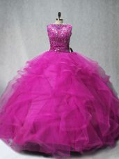 Free and Easy Fuchsia Sweet 16 Quinceanera Dress Tulle Brush Train Sleeveless Beading and Ruffles