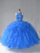 Beading and Ruffles Quinceanera Gowns Royal Blue Lace Up Sleeveless Floor Length