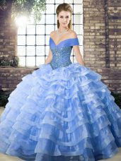 Fine Sleeveless Beading and Ruffled Layers Lace Up 15 Quinceanera Dress with Blue Brush Train