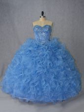 Blue Lace Up Quince Ball Gowns Beading and Ruffles Sleeveless Brush Train