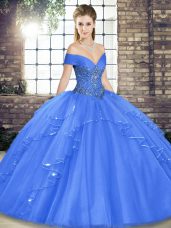 Designer Ball Gowns Quinceanera Dress Blue Off The Shoulder Tulle Sleeveless Floor Length Lace Up