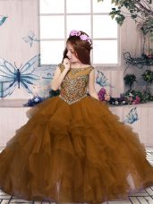 Ball Gowns Glitz Pageant Dress Brown Scoop Organza Sleeveless Floor Length Lace Up