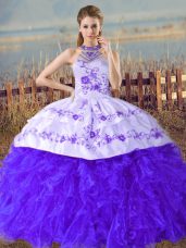 Flare Organza Halter Top Sleeveless Court Train Lace Up Embroidery and Ruffles 15 Quinceanera Dress in Blue