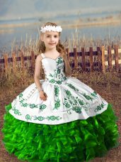 Green Organza Lace Up Straps Sleeveless Floor Length Little Girls Pageant Dress Wholesale Embroidery and Ruffles