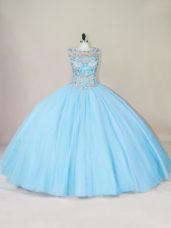 Fitting Blue Sleeveless Floor Length Beading Lace Up Quinceanera Dress