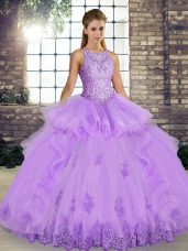 Floor Length Lavender Quince Ball Gowns Tulle Sleeveless Lace and Embroidery and Ruffles