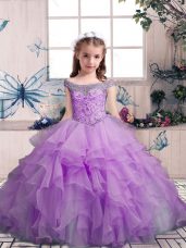 Stylish Lilac Lace Up Kids Pageant Dress Beading and Ruffles Sleeveless Floor Length