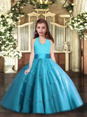Halter Top Sleeveless Lace Up Kids Pageant Dress Baby Blue Tulle