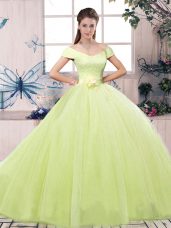 New Style Yellow Green Lace Up Quince Ball Gowns Lace and Hand Made Flower Short Sleeves Floor Length