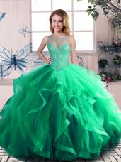 Green Ball Gowns Tulle Scoop Sleeveless Beading and Ruffles Floor Length Lace Up Quinceanera Dress
