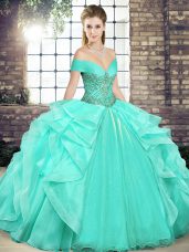 Apple Green Lace Up Off The Shoulder Beading and Ruffles 15th Birthday Dress Organza Sleeveless