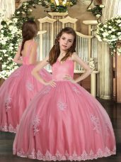 Watermelon Red Straps Neckline Appliques Little Girl Pageant Gowns Sleeveless Lace Up