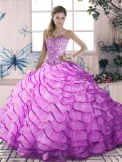 Noble Lilac Organza Lace Up Quinceanera Gowns Sleeveless Brush Train Beading and Ruffles