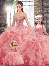 Chic Tulle Sweetheart Sleeveless Brush Train Lace Up Beading and Ruffles Quinceanera Dress in Watermelon Red