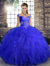 Vintage Floor Length Royal Blue Quinceanera Dress Tulle Sleeveless Beading and Ruffles