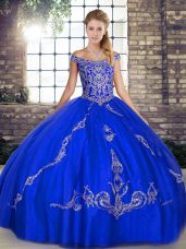 Royal Blue Lace Up Off The Shoulder Beading and Embroidery Vestidos de Quinceanera Tulle Sleeveless