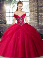 Red Sleeveless Brush Train Beading and Pick Ups 15th Birthday Dress