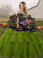 Fashionable Sleeveless Brush Train Lace Up Embroidery and Ruffled Layers Sweet 16 Dresses