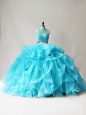 Discount Sleeveless Floor Length Beading and Ruffles Lace Up Sweet 16 Dress with Aqua Blue