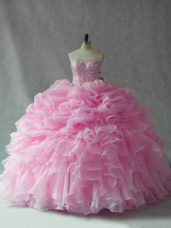 Custom Design Baby Pink Quinceanera Gown Strapless Sleeveless Brush Train Lace Up