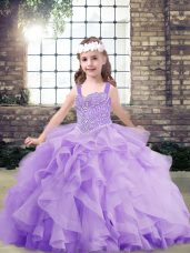 Dazzling Floor Length Lavender Girls Pageant Dresses Organza Sleeveless Beading and Ruffles