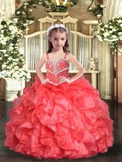 Best Coral Red Organza Lace Up Straps Sleeveless Floor Length Girls Pageant Dresses Beading and Ruffles