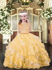 Sleeveless Floor Length Beading and Ruffled Layers Zipper Little Girls Pageant Dress Wholesale with Gold