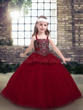 Red Ball Gowns Straps Sleeveless Tulle Floor Length Zipper Beading Little Girl Pageant Gowns