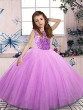 Tulle Bateau Sleeveless Lace Up Beading Child Pageant Dress in Lilac