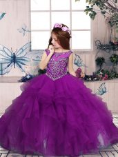 High Quality Purple Zipper Scoop Beading Winning Pageant Gowns Tulle Sleeveless