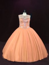 Excellent Peach Lace Up Scoop Beading Quinceanera Dresses Tulle Sleeveless