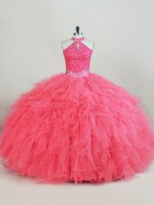 Artistic Pink Vestidos de Quinceanera Halter Top Sleeveless Lace Up