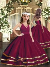 Sleeveless Floor Length Ruffled Layers Zipper Little Girls Pageant Dress Wholesale with Burgundy