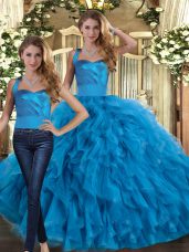 Floor Length Two Pieces Sleeveless Blue Sweet 16 Dresses Lace Up