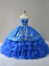 Latest Royal Blue Satin Lace Up Quinceanera Dresses Sleeveless Floor Length Embroidery and Ruffles