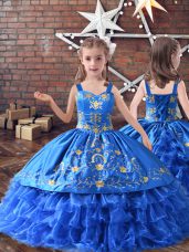 Royal Blue Sleeveless Floor Length Embroidery and Ruffled Layers Lace Up Little Girl Pageant Gowns