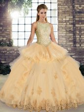 Exquisite Champagne Scoop Lace Up Lace and Embroidery and Ruffles Quinceanera Gowns Sleeveless