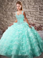 Custom Fit Straps Sleeveless Quinceanera Dresses Court Train Beading and Ruffled Layers Aqua Blue Organza