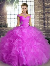 Floor Length Lace Up Quince Ball Gowns Lilac for Military Ball and Sweet 16 and Quinceanera with Beading and Ruffles