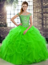 High Class Green Tulle Lace Up 15 Quinceanera Dress Sleeveless Brush Train Beading and Ruffles