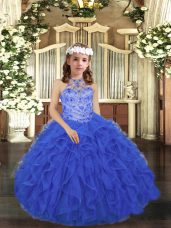 Attractive Sleeveless Floor Length Beading and Ruffles Lace Up Kids Formal Wear with Royal Blue