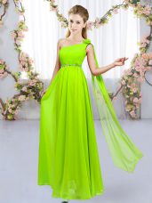 Fashionable Empire Wedding Party Dress Yellow Green One Shoulder Chiffon Sleeveless Floor Length Lace Up