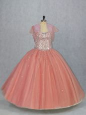Beading Ball Gown Prom Dress Watermelon Red Lace Up Sleeveless Floor Length