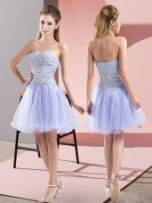 Lavender A-line Tulle Sweetheart Sleeveless Beading Mini Length Zipper Dress for Prom