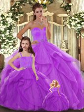 Deluxe Beading and Ruffles Quince Ball Gowns Lilac Lace Up Sleeveless Floor Length