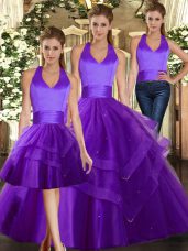 Customized Purple Halter Top Neckline Ruffles Sweet 16 Dresses Sleeveless Lace Up