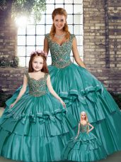 Most Popular Sleeveless Taffeta Floor Length Lace Up Quince Ball Gowns in Teal with Beading and Ruffled Layers