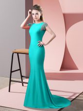 Shining Short Sleeves Elastic Woven Satin Brush Train Backless Prom Party Dress in Turquoise with Beading